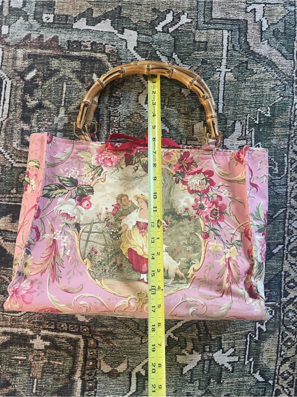 Vintage-Inspired Pink Floral Tote with Bamboo Handles
